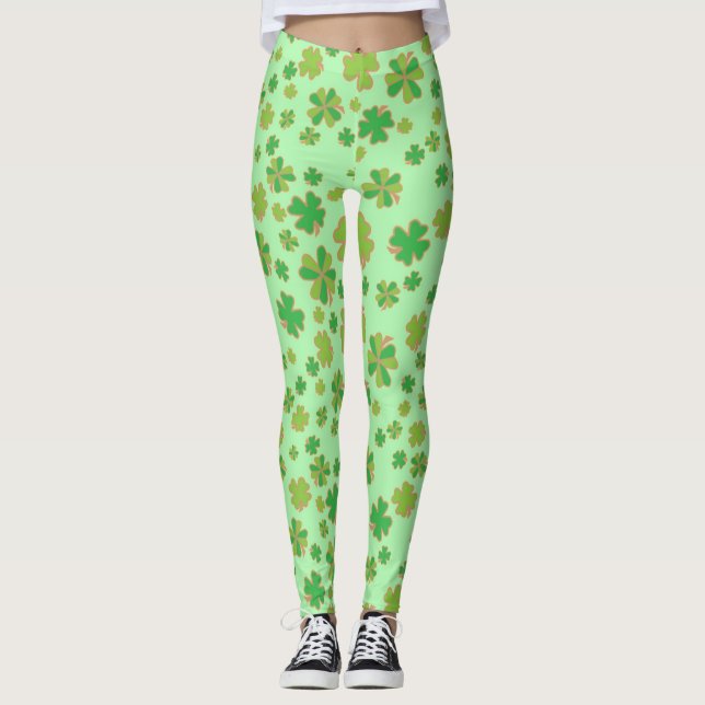 Trendiges, zweifarbiges, grünes Kleeblatt Leggings (Vorderseite)