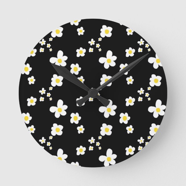Trending daisy Muster schwarz gelb weiß, modern Runde Wanduhr (Vorderseite)