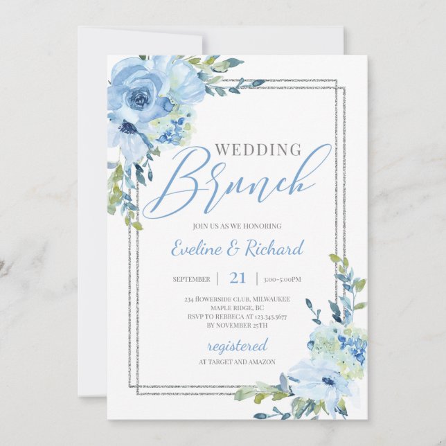 Trending dusty blue floral silber Rahmen Hochzeit Einladung (Vorderseite)