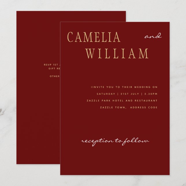 Trending Modern Wedding Burgundy Gold Monochrome Einladung (Vorne/Hinten)
