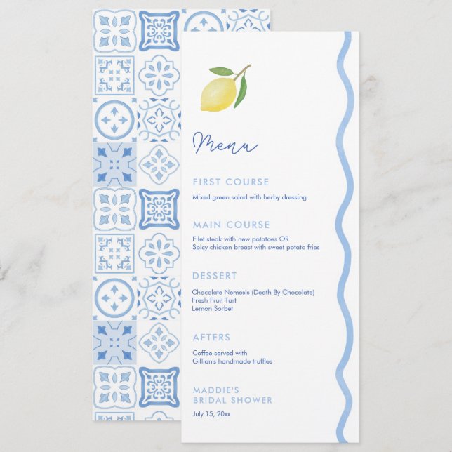 Trendlight Blue Wavy Edge Lemons Polterabend Menükarte (Vorne/Hinten)