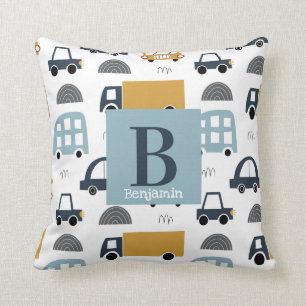 Trendpastellblau Baby Monogram Car Pattern Kissen