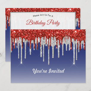 Trendred White and Blue Glitzer Tropfens Birthday Einladung