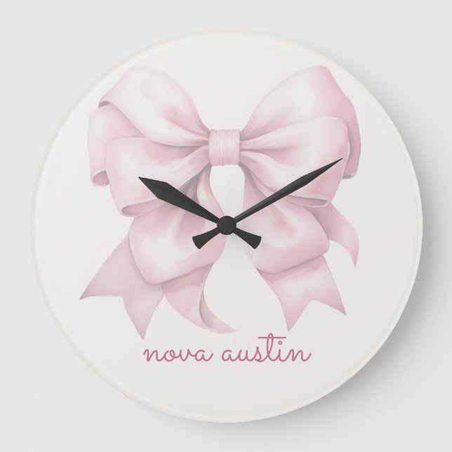 Trendrosa Bow Personalisiert mit Name Monogram Große Wanduhr (Vorderseite)