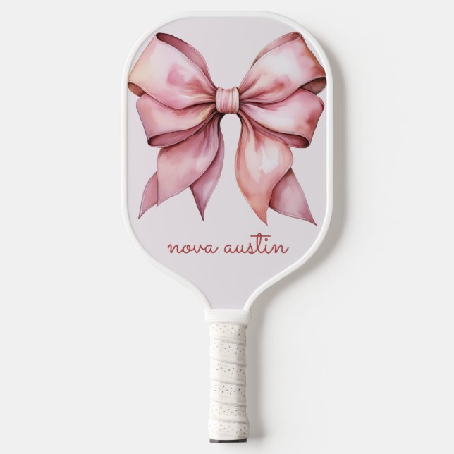 Trendrosa Bow Personalisiert mit Name Monogram Pickleball Schläger (Vorderseite)