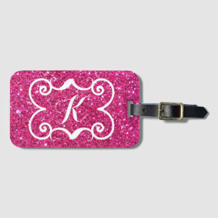 Trendrosa Glitzer Weißes Monogramm Custom Gepäckanhänger