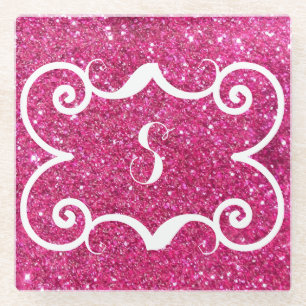 Trendrosa Glitzer Weißes Monogramm Custom Glasuntersetzer