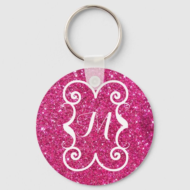 Trendrosa Glitzer Weißes Monogramm Custom Schlüsselanhänger (Vorderseite)