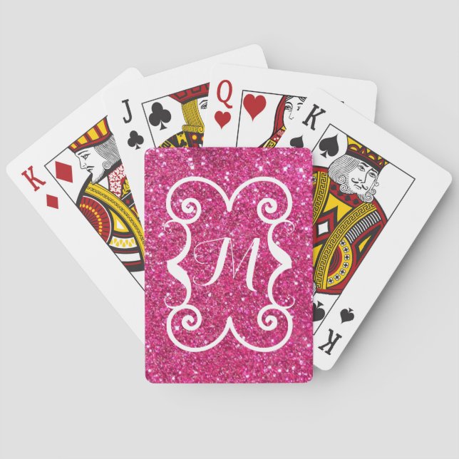 Trendrosa Glitzer Weißes Monogramm Custom Spielkarten (Rückseite)