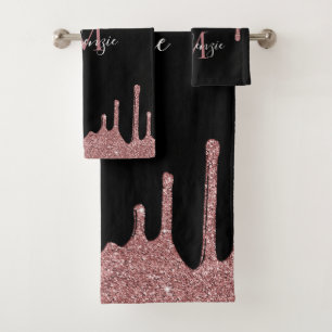 Trendrosa Rose Gold Glitzer Tropfen Schwarz Badhandtuch Set