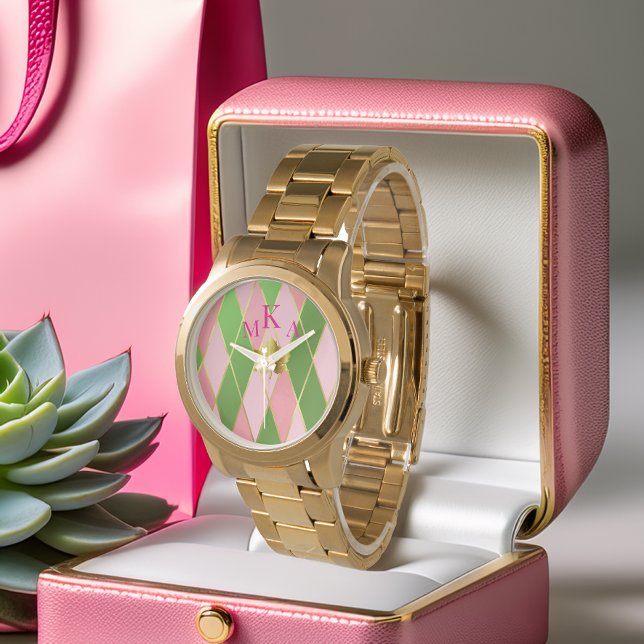 Trendrosa und grüne Raute Armbanduhr (Stylish Pink and Green Gold Argyle Monogrammed Watch )