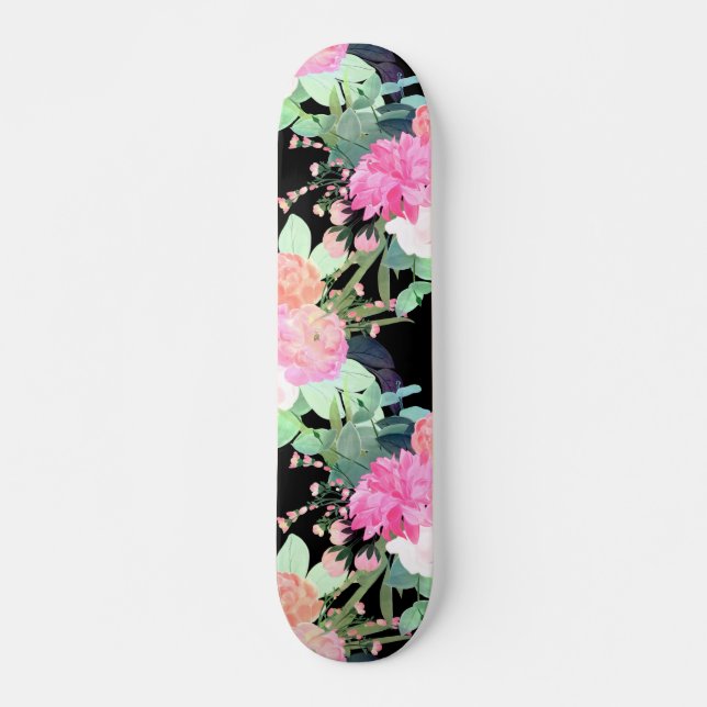 Trendrosa und schwarze Blume Aquarellgestaltung Skateboard (Vorne)