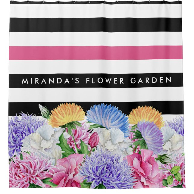 Trendrosa und schwarze, florale Streifen mit Namen Duschvorhang (Vorderseite)