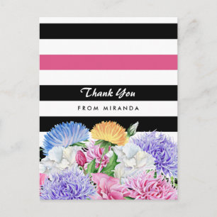 Trendrosa und schwarze Streifen floral Vielen Dank Postkarte
