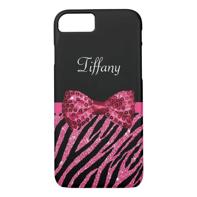 Trendrosa Zebra Print IMITATE Glitz Bow mit Namen Case-Mate iPhone Hülle (Rückseite)