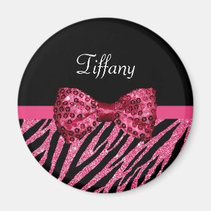 Trendrosa Zebra Print IMITATE Glitz Bow mit Namen Magnet