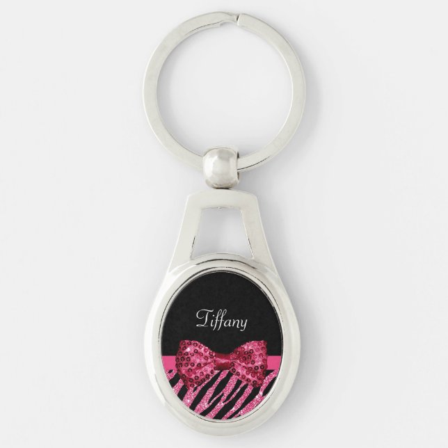 Trendrosa Zebra Print IMITATE Glitz Bow mit Namen Schlüsselanhänger (Vorderseite)