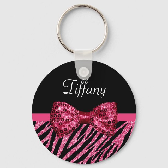 Trendrosa Zebra Print IMITATE Glitz Bow mit Namen Schlüsselanhänger (Vorderseite)