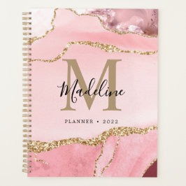 Trendrot Pink Agate Geode Gold Script Monogram Planer