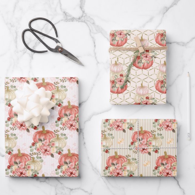 Trendrot Pink Pfirsichcreme Flroal Pumpkin Geschenkpapier Set (Vorderseite)
