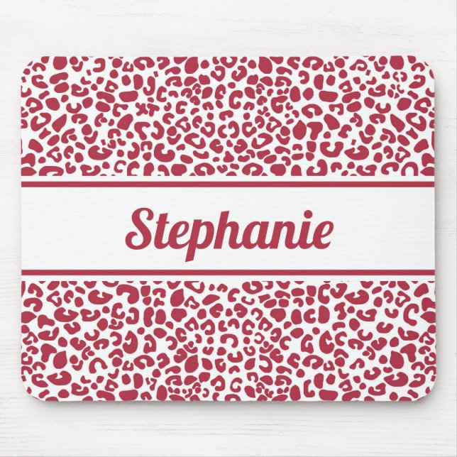 Trendroter und weißer Leoparddruck mit Namen Mousepad (Vorne)