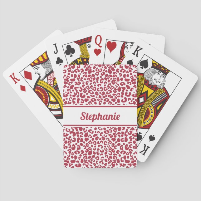 Trendroter und weißer Leoparddruck mit Namen Spielkarten (Rückseite)