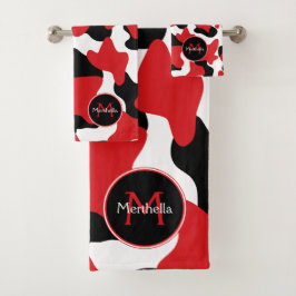 Trendrotes Schwarzes Kuh Print Monogram Badhandtuch Set
