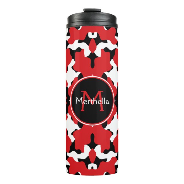 Trendrotes Schwarzes Kuh Print Monogram Thermosbecher (Vorderseite)