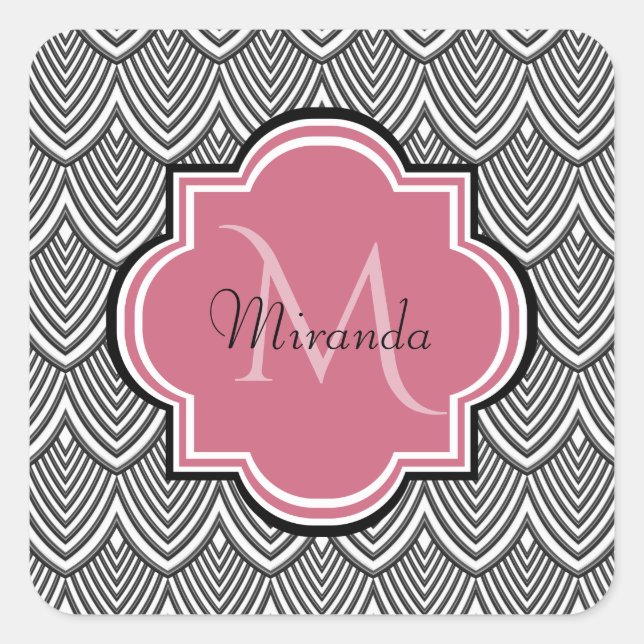Trendschwarz angestrichene Scallops Pink Monogram  Quadratischer Aufkleber (Vorderseite)