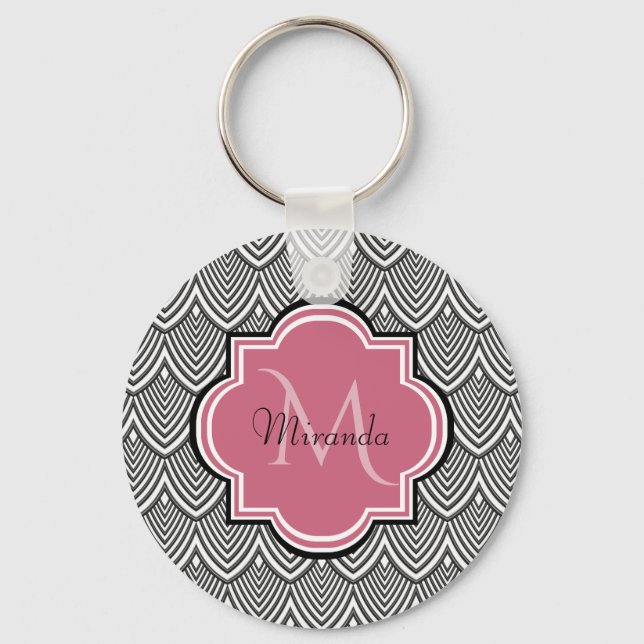 Trendschwarz angestrichene Scallops Pink Monogram  Schlüsselanhänger (Vorderseite)