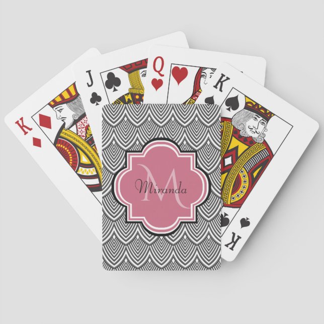 Trendschwarz angestrichene Scallops Pink Monogram  Spielkarten (Rückseite)