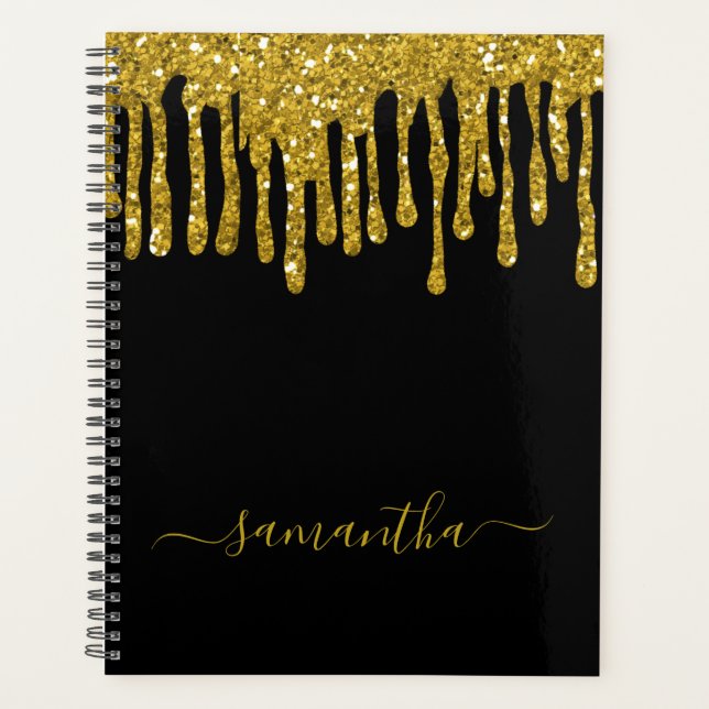Trendschwarz und Gold Glitzer Tropfen Individuelle Planer (Vorderseite)