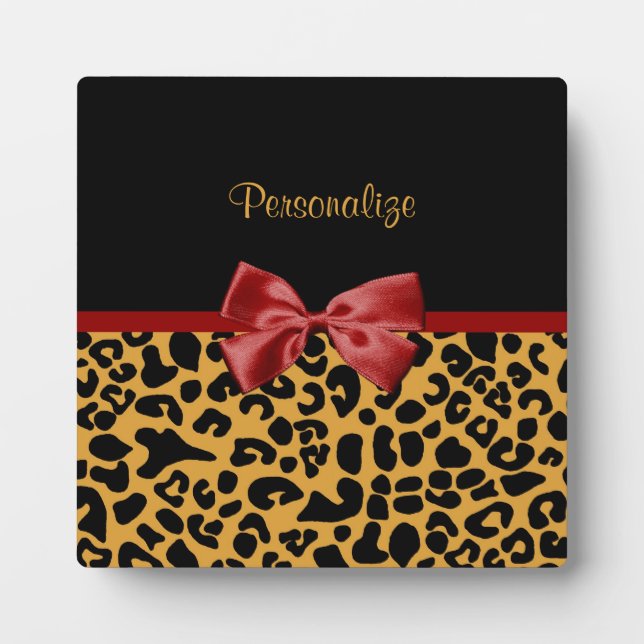 Trendschwarz und Gold Leopard Print Red Ribbon Bow Fotoplatte (Vorderseite)