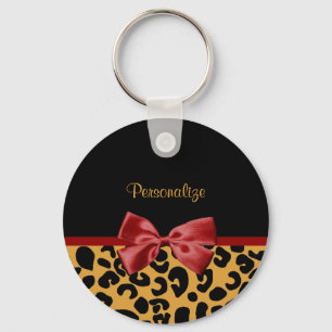 Trendschwarz und Gold Leopard Print Red Ribbon Bow Schlüsselanhänger