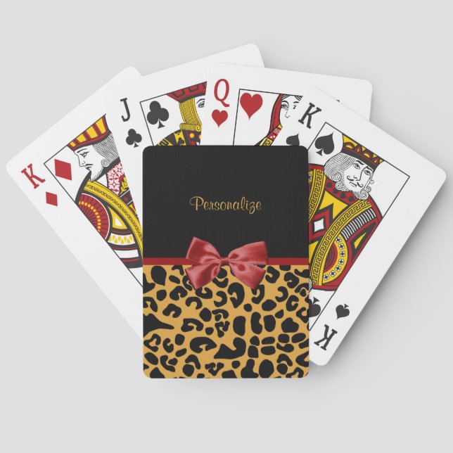 Trendschwarz und Gold Leopard Print Red Ribbon Bow Spielkarten (Rückseite)
