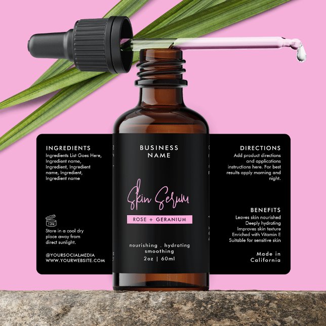 Trendschwarz und rosa 2 OZ Dropper Flaschenetikett (Trendy Black & Pink Dropper Bottle Wraparound Label Design)