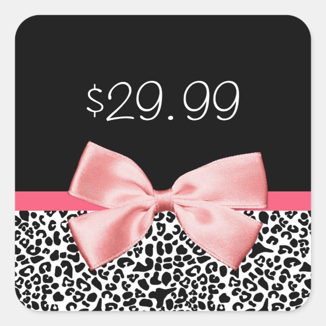 Trendschwarz und weiß Leopard Pink Preis-Markierun Quadratischer Aufkleber (Vorderseite)