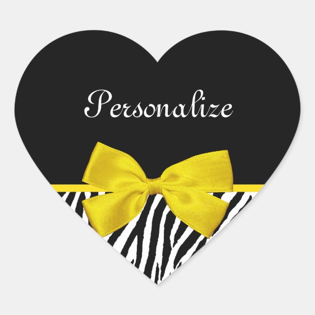 Trendschwarz und weiß Zebra Print Yellow Ribbon Herz-Aufkleber (Vorderseite)