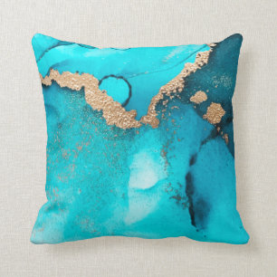 Trendsetter Abstrakter Aquamariner Gold-Wirbel Kissen