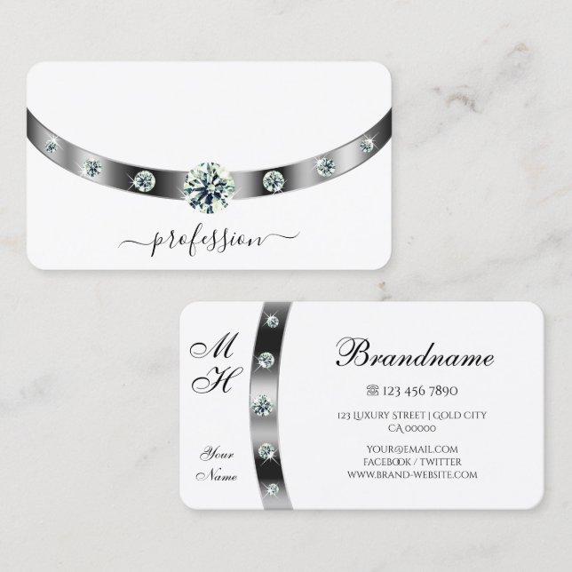 Trendweiß und Silber mit Diamanten Mit Monogramm Visitenkarte (Vorne/Hinten)