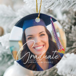 Trendy 2023 Abschluss 2 Foto Custom Christmas Keramik Ornament<br><div class="desc">Dieses trendige,  zweiseitige Weihnachtsgeschenk aus dem Abschluss besticht durch eine raffinierte,  handgeschriebene,  weiße Schrift über ein elegantes Foto Ihres Absolventen. Passen Sie diesen Grad mit einem Foto von der Oberschule,  der Uni oder der Universität auf der Vorder- und Rückseite an.</div>