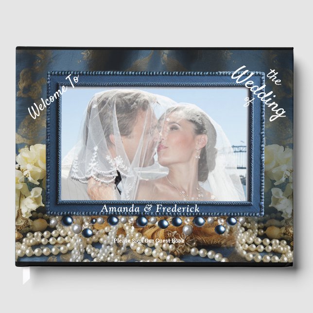 Trendy 3-D Blue Denim Print mit Kostümschmuck Gästebuch (Vorderseite)