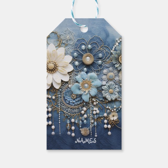 Trendy 3-D Blue Denim Print mit Kostümschmuck Geschenkanhänger (Vorderseite)