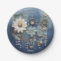 Trendy 3-D Blue Denim Print mit Kostümschmuck