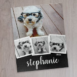 Trendy 4 Foto Collage Script Name White Black<br><div class="desc">Für dieses Design können Sie quadratische oder selbstständige Fotos verwenden. Nutzen Sie vier quadratische Fotos,  um ein einzigartiges und persönliches Geschenk zu kreieren. Oder man behalte den Hipster Welpe und macht einen trendigen Sake. Wenn Sie die Bilder anpassen müssen,  klicken Sie auf das Werkzeug anpassen,  um Änderungen vorzunehmen.</div>