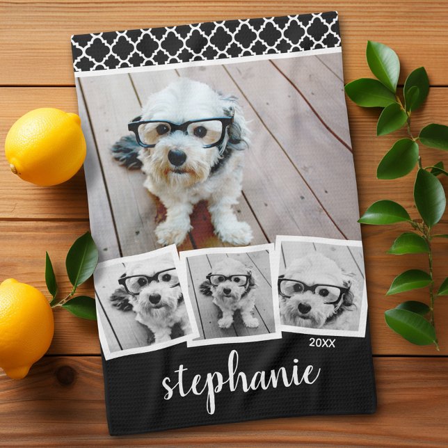 Trendy 4 Foto Collage Script Name White Black Geschirrtuch (Personalized Kitchen Towel with photos and text - Makes a great gift)