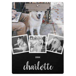 Trendy 4 Foto Collage Script Name White Black Klemmbrett