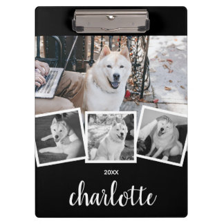 Trendy 4 Foto Collage Script Name White Black Klemmbrett