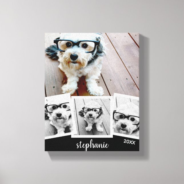 Trendy 4 Foto Collage Script Name White Black Leinwanddruck (Vorderseite)