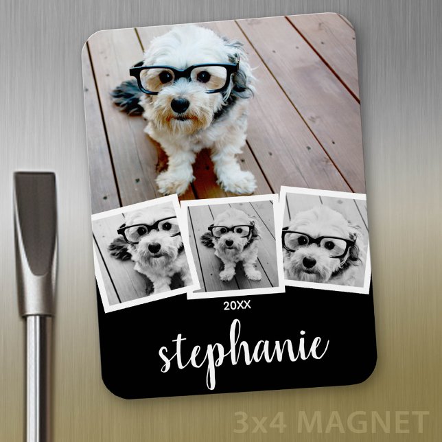 Trendy 4 Foto Collage Script Name White Black Magnet (Personalized fridge magnet - add photos and custom text)